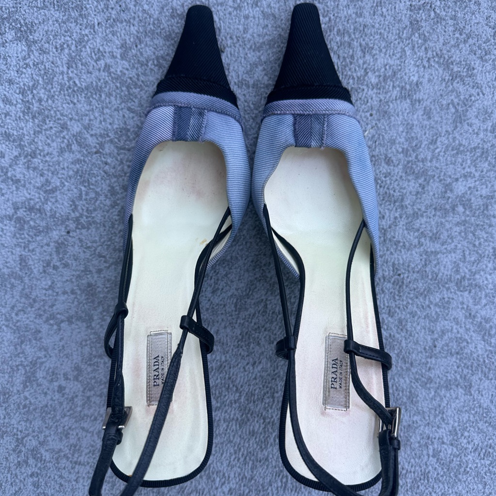 Prada Black And Light Blue Pointed Toe Slingback Pumps With Contrast Trim